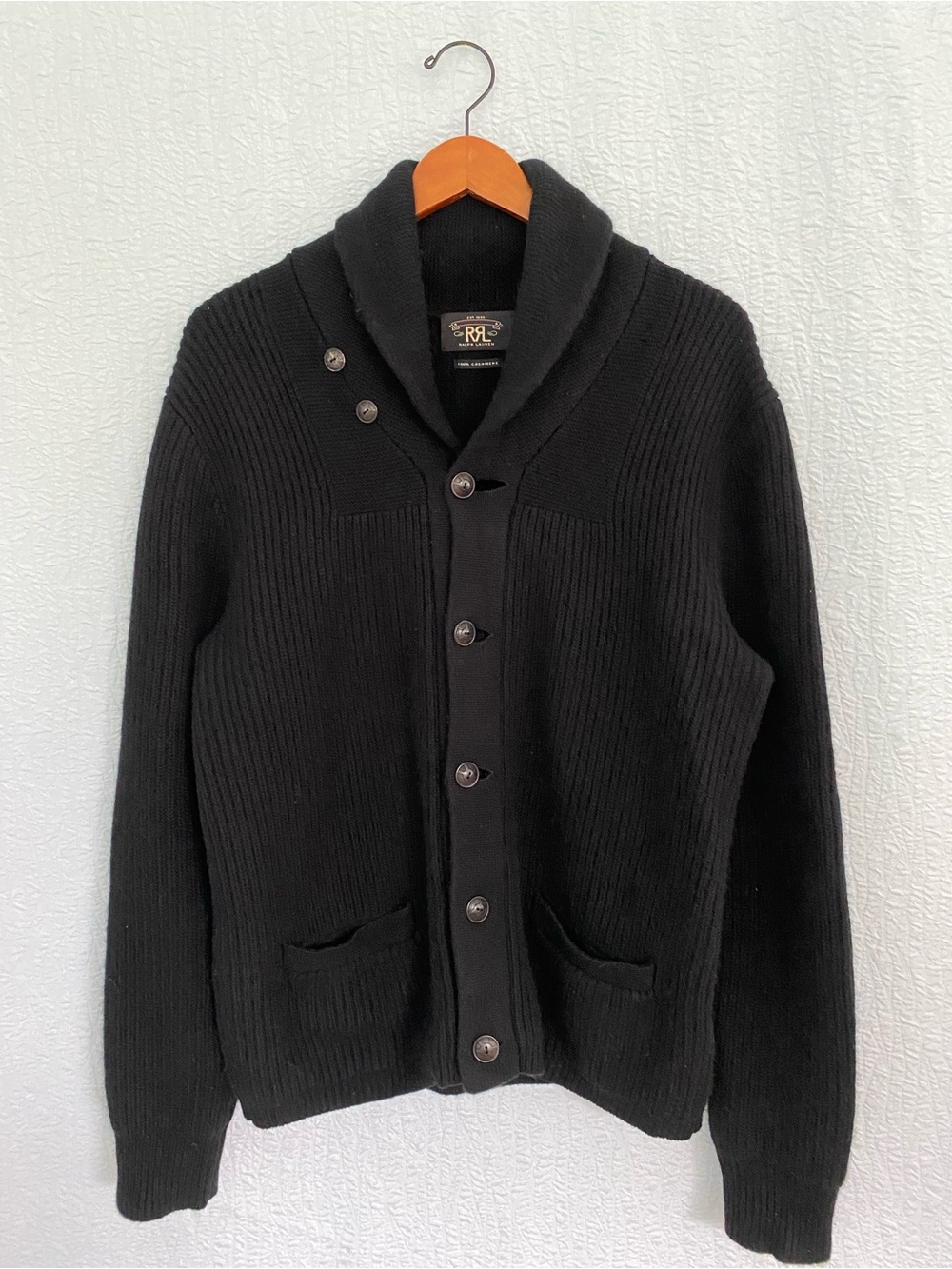 Ralph Lauren Double RL Black Shawl-Collar Ribbed Button Cashmere Cardigan